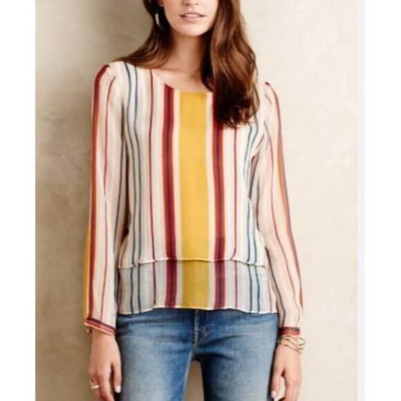 Anthropologie Maeve Womens Large Yellow Striped Silk Layered Long Sleeve Top - Picture 11 of 11
